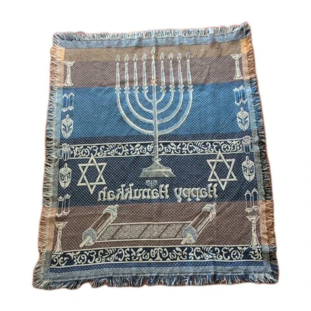 Vintage 1995 Happy Hanukkah Jewish Menorah Torah Woven Throw Blanket Tapestry